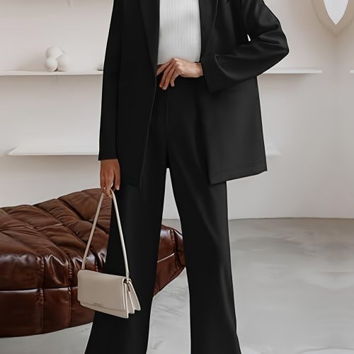 Elegant Office Solid Color Pants, Single Breasted Lapel Blazer & Straight Leg Loose Simple Pants, Women's Clothing