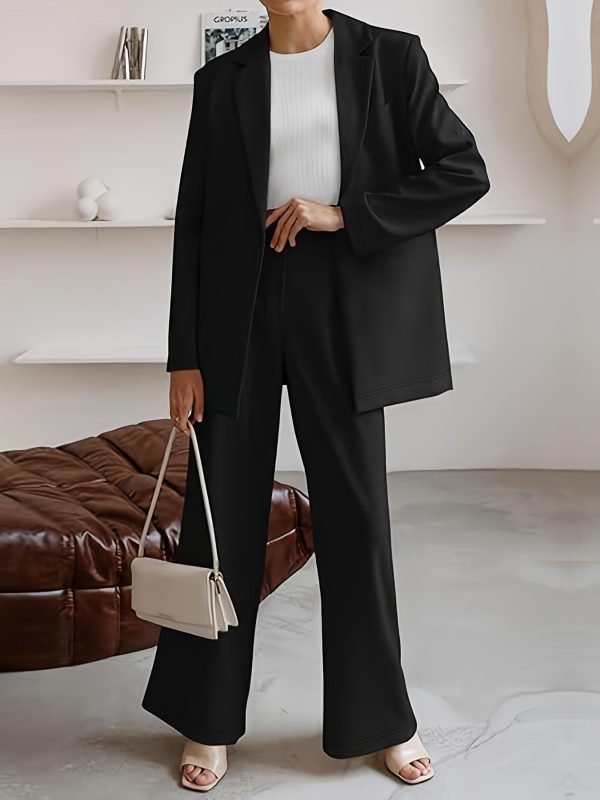 Elegant Office Solid Color Pants, Single Breasted Lapel Blazer & Straight Leg Loose Simple Pants, Women's Clothing