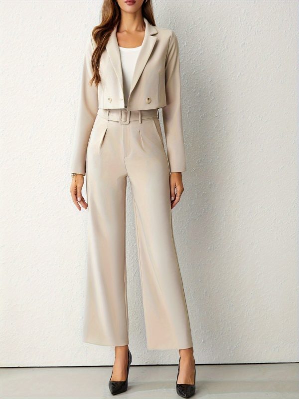 Business Casual Two-piece Set, Double-breasted Lapel Long Sleeve Blazer & Belted Wide Leg Pants Outfits, Women's Clothing