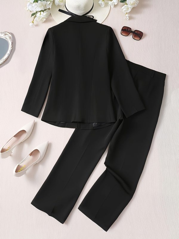 Elegant Office Pants Set, Belted Lapel Long Sleeve Slim Blazer & High Waist Straight Leg Loose Pants, Women's Clothing