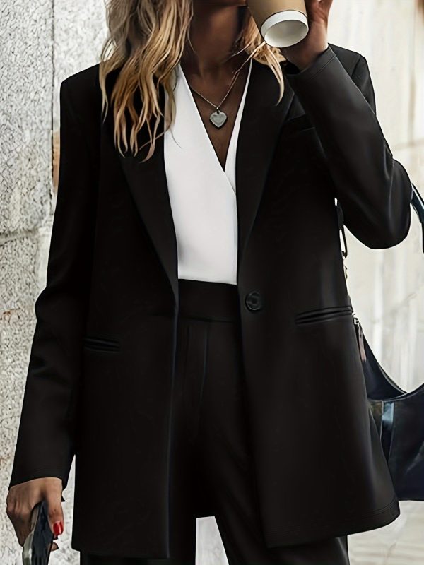 Elegant Office Solid Color Pants, Single Breasted Lapel Blazer & Straight Leg Loose Simple Pants, Women's Clothing