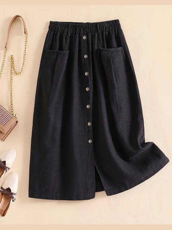 Button Front Pocket Design Skirt, Elegant Elastic Waist Split Hem Skirt For Spring & Fall, Women's Clothing