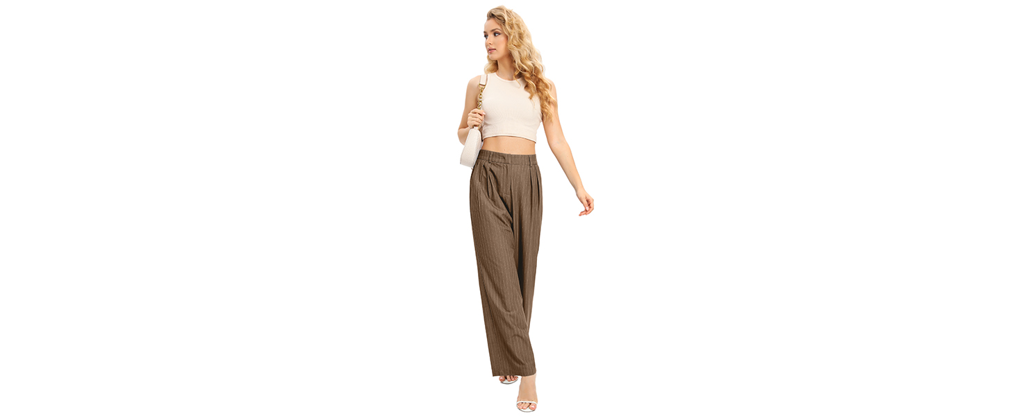 Women's Casual Striped High Waist Wide Leg Pants Elastic Waist Loose Trousers