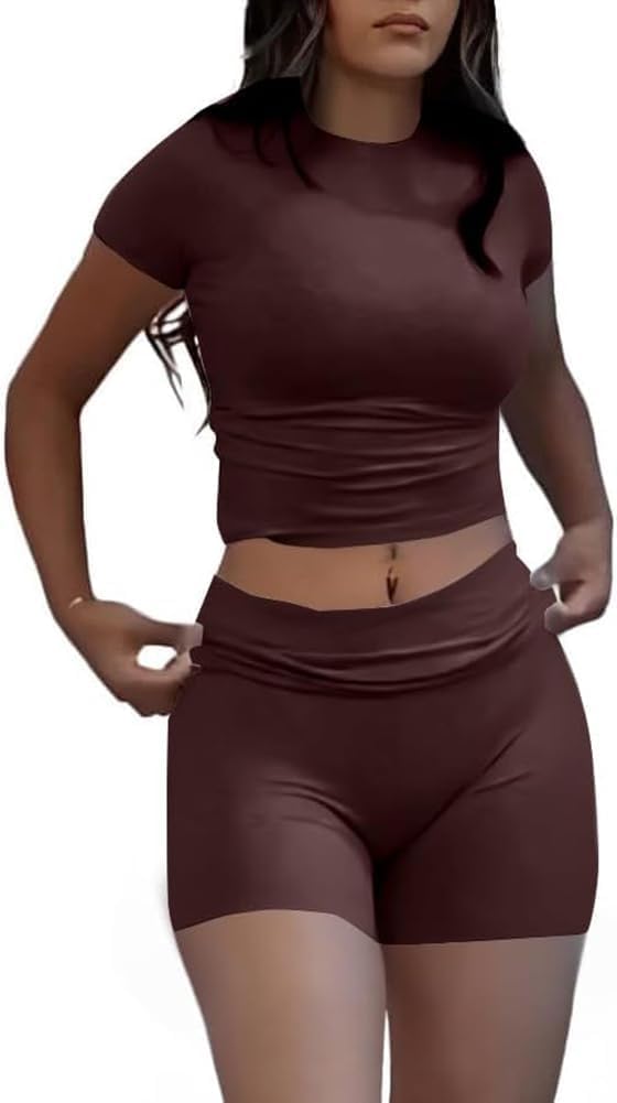 Casual Workout Two Piece Outfits for Women Short Sleeve Crop High Waist Foldover Flare Pants Tracksuit Sets Streetwear