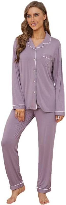 41YAWRCNYfL._AC Button Up Pajamas for Women Long Sleeve Sleepwear Soft Loungewear Ladies Pjs Set XS-XXL