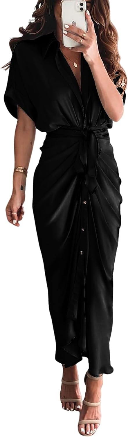 Women's Short Sleeve Satin Dress Button Down with Belt Maxi Shirt Dresses