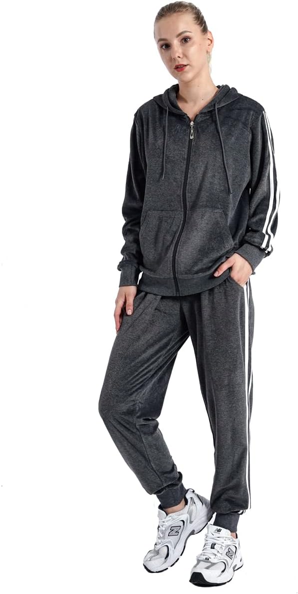 Womens Jogging Suits Sets Running Velour Outfit Zipper Warm Up 2 Pieces Hoodie and Pant Tracksuit