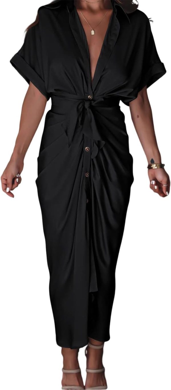 Women's Short Sleeve Satin Dress Button Down with Belt Maxi Shirt Dresses
