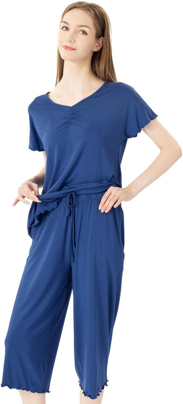 Soft Bamboo Viscose Pajamas Set for Women Summer Sleepwear Pjs Comfy Short Sleeve Tops Capri Pants Sets