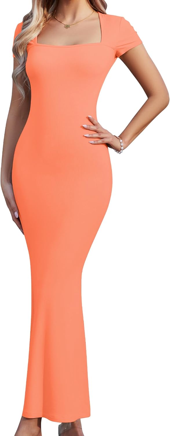 Women's Summer Casual Bodycon Maxi Dress Square Neck Short Sleeve Ribbed Dresses Cocktail Long Dress