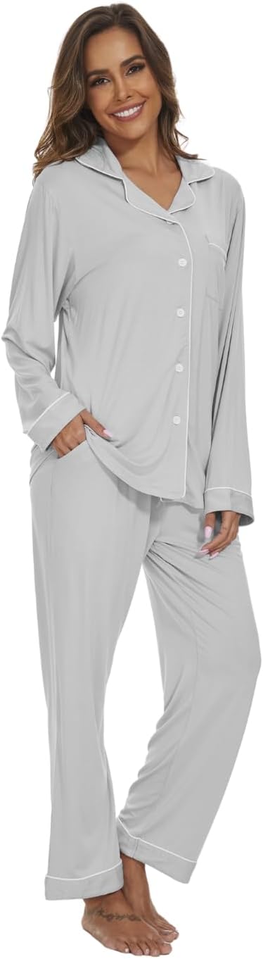 Womens Bamboo Pajama Set Long Sleeve Button Down, Soft Pj Pants with Pockets, Lightweight Sleepwear Loungewear