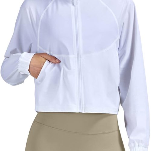 UPF 50+ Workout Jackets for Women Athletic Zip Up Running Jacket Sun Protection Lightweight UPF Cropped Jacket