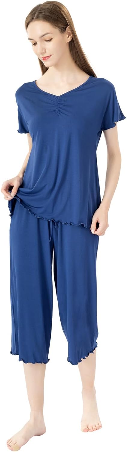 Soft Bamboo Viscose Pajamas Set for Women Summer Sleepwear Pjs Comfy Short Sleeve Tops Capri Pants Sets
