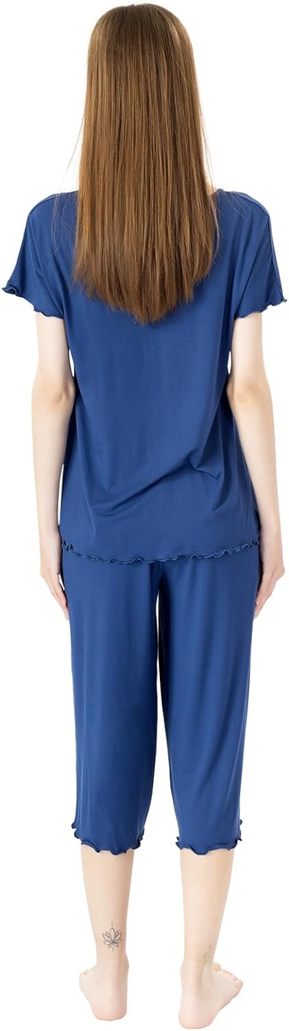 Soft Bamboo Viscose Pajamas Set for Women Summer Sleepwear Pjs Comfy Short Sleeve Tops Capri Pants Sets