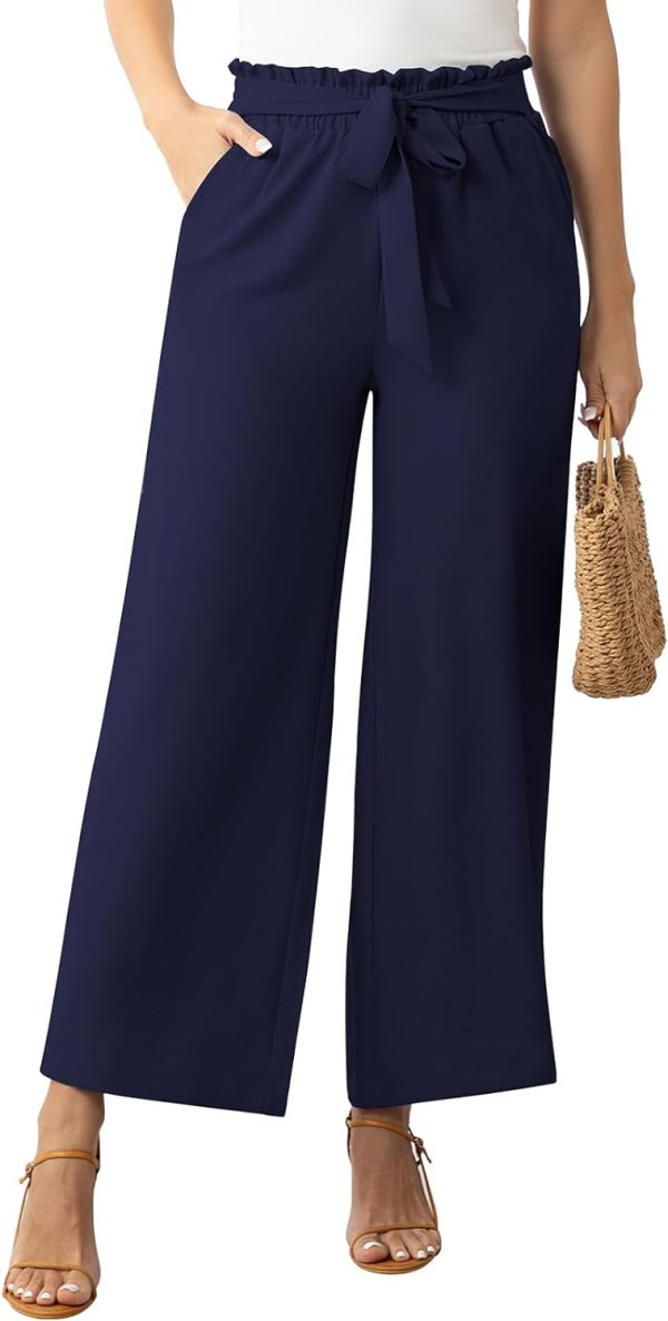 51Xazj6niLL._AC_SL1500 Womens Wide Leg Lounge Pants High Waisted Business Work Casual Pants Adjustable Tie Knot Loose Trousers with Pocket