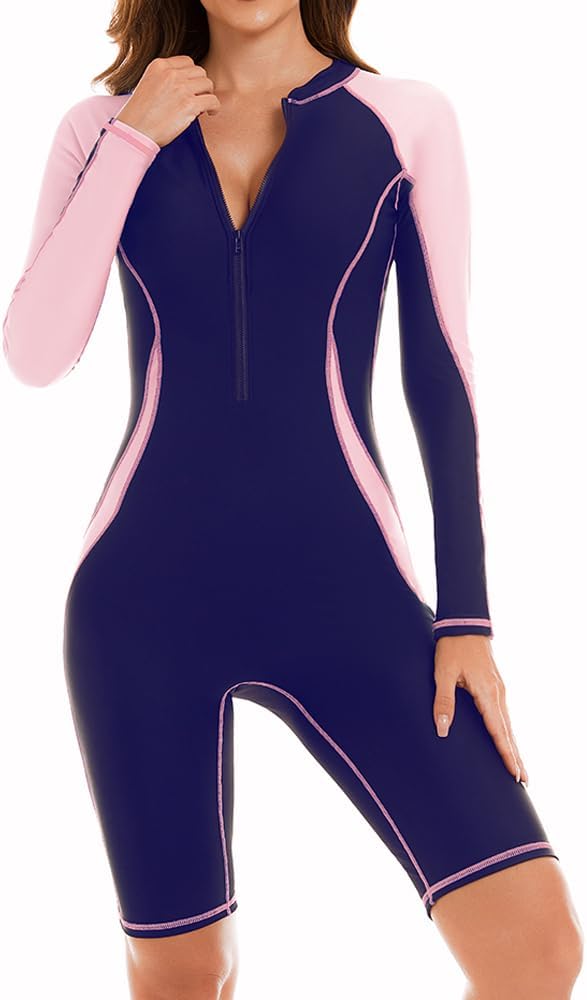 51_35mbaelL._AC_SL1000 Women's One Piece Long Sleeve Rash Guard Knee High Bathing Suits Swimsuit Sport Surfing Wear Athletic Swimwear