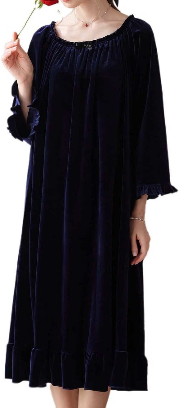 Women's Long Sleeve Nightgown Velvet Sleep Dress Ruffle Crew Neck Mid-length Nightdress