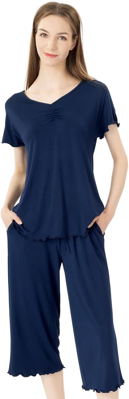 Soft Bamboo Viscose Pajamas Set for Women Summer Sleepwear Pjs Comfy Short Sleeve Tops Capri Pants Sets