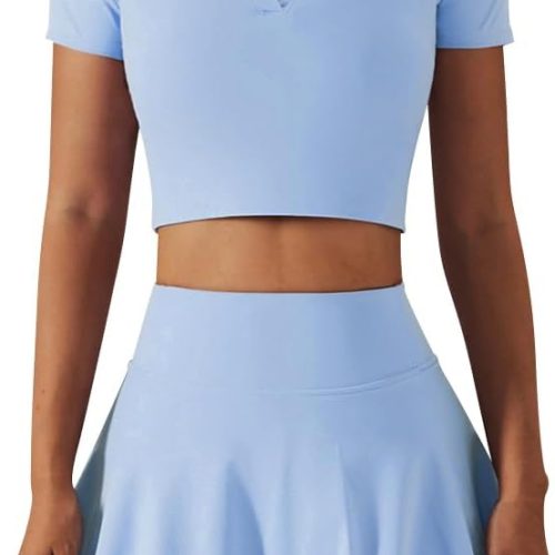 2 Piece Tennis Dress for Women High Waist Pleated Tennis Skirt with Shorts Short Sleeve Crop Golf Workout Skirts Sets