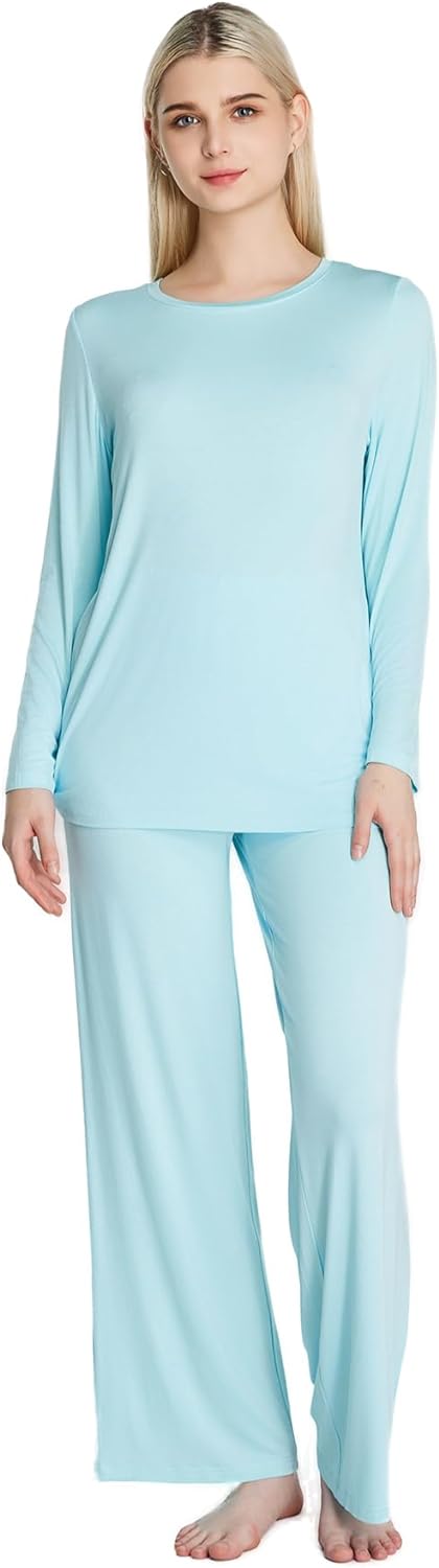 51dadMVVC3L._AC_SL1500 Loungewear Set pajamas Womens sleepwear Bamboo Viscose Long Sleeve t shirt Long Pants Super Soft Novelty Pjs Set
