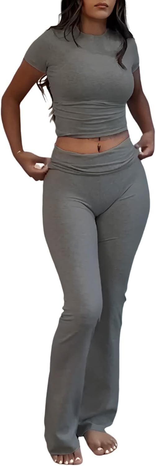 Casual Workout Two Piece Outfits for Women Short Sleeve Crop High Waist Foldover Flare Pants Tracksuit Sets Streetwear