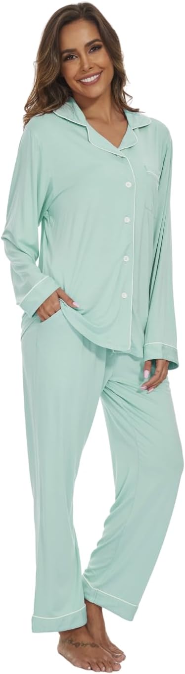 Womens Bamboo Pajama Set Long Sleeve Button Down, Soft Pj Pants with Pockets, Lightweight Sleepwear Loungewear