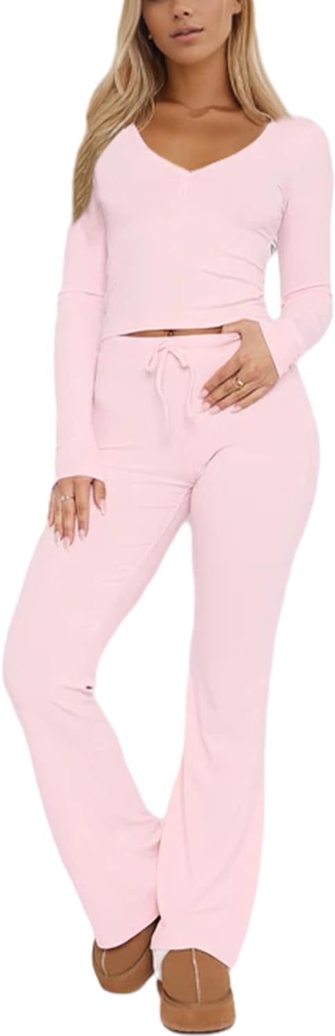 Women Ribbed Knit Yoga Lounge Set V Neck Long Sleeve Button Crop Tee Drawstring Pants Solid Slim Two Pieces Sets