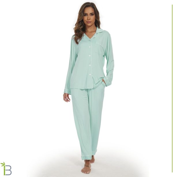 Womens Bamboo Pajama Set Long Sleeve Button Down, Soft Pj Pants with Pockets, Lightweight Sleepwear Loungewear