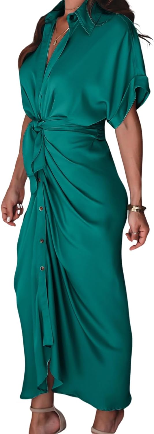 Women's Short Sleeve Satin Dress Button Down with Belt Maxi Shirt Dresses