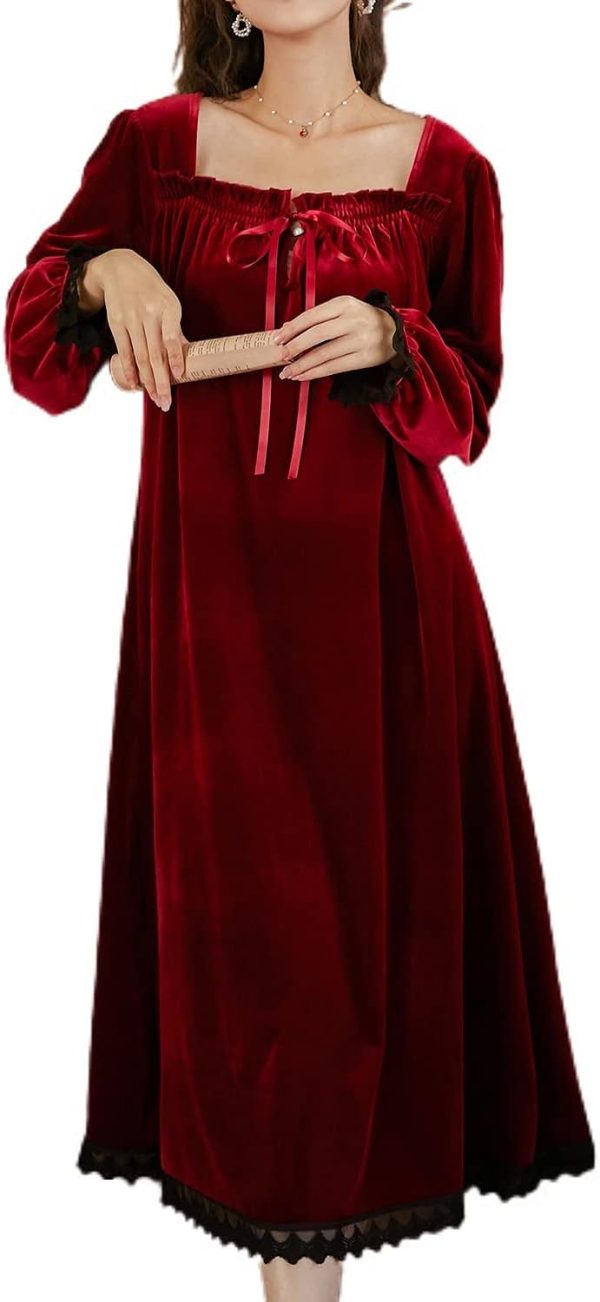 Women's Long Sleeve Nightgown Velvet Sleep Dress Ruffle Crew Neck Mid-length Nightdress