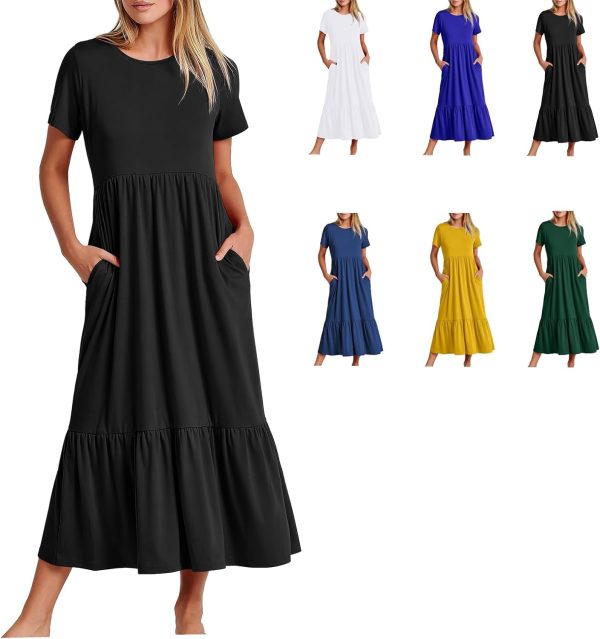 61-BH2T77KL._AC_SL1500 Womens Summer Dresses Casual Short Sleeve Crewneck Swing Dress Casual Tiered t Shirt Dress with Pockets 2024 Trendy Outfits