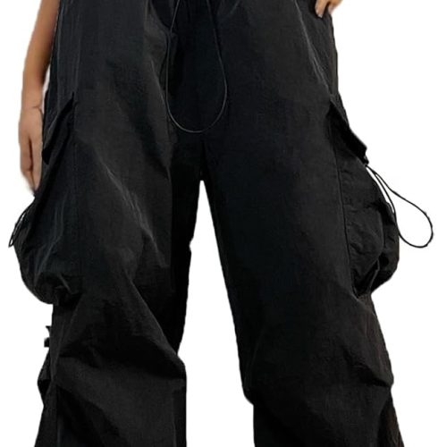 Women Cargo Pants Trendy Parachute Pants Elastic Waist Hiking Pants Lightweight Waterproof Baggy Joggers with Pockets