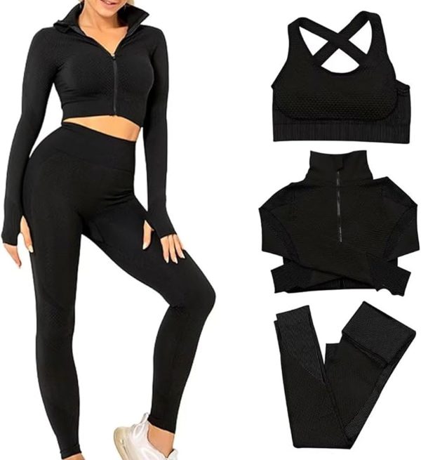 61-UH6lPwUL._AC_SL1500 Women's 3 PC Seamless Gym Clothing Workout Outfit with Jacket Bra & Leggings Set