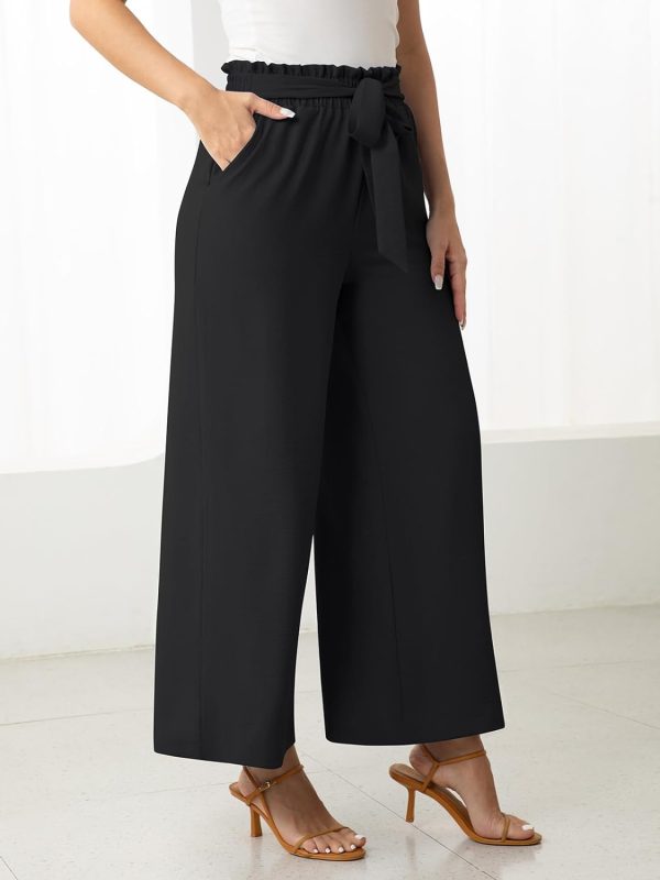61-i3ApayUL._AC_SL1500 Womens Wide Leg Lounge Pants High Waisted Business Work Casual Pants Adjustable Tie Knot Loose Trousers with Pocket