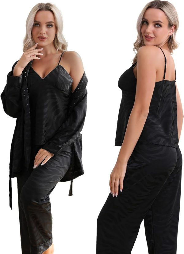 Womens Silk Satin Pajama Sets,Zebra Strips Comfy Robe and Pants Women Pajamas,Silky Camisole Woman Pjs Set 3 Pieces