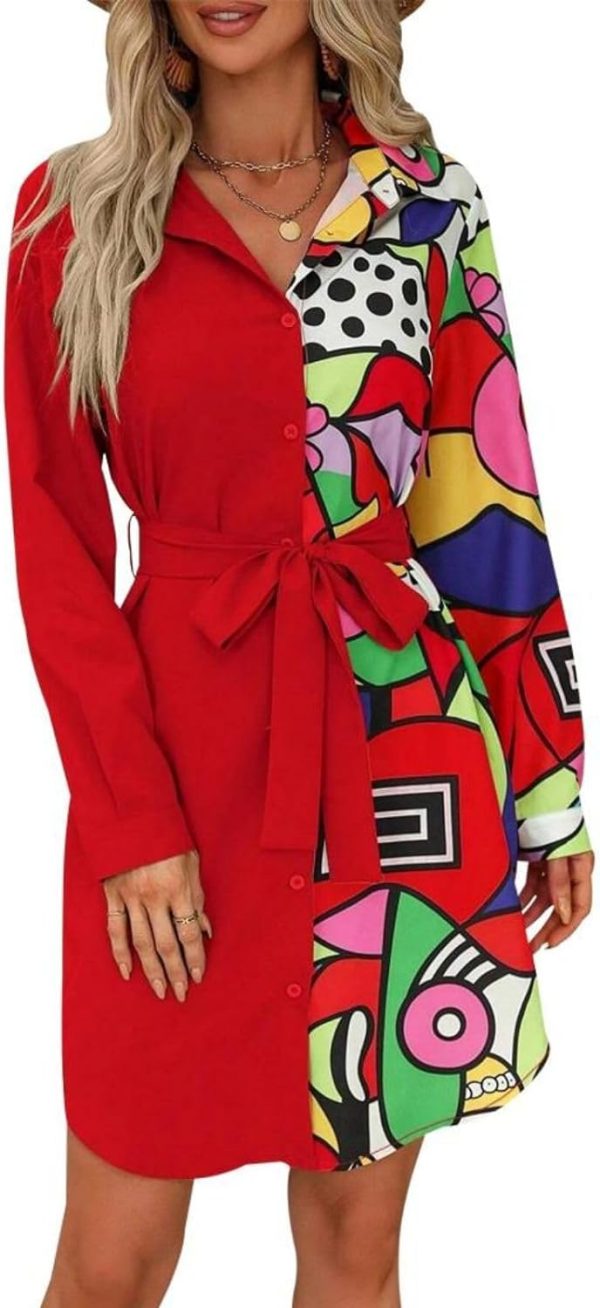 Womens Button Down Shirt Dresses with Belt Button Up Tunics Long Sleeve Blouse Tops