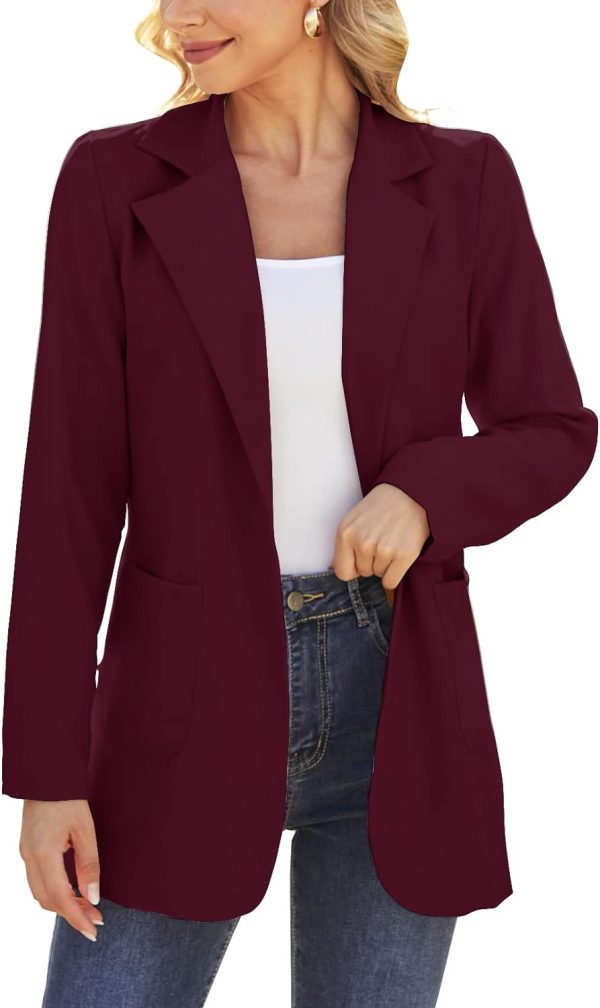 Women Open Front Blazers Long Sleeve Casual OL Office Slim Buttonless Suit Jacket with Pockets