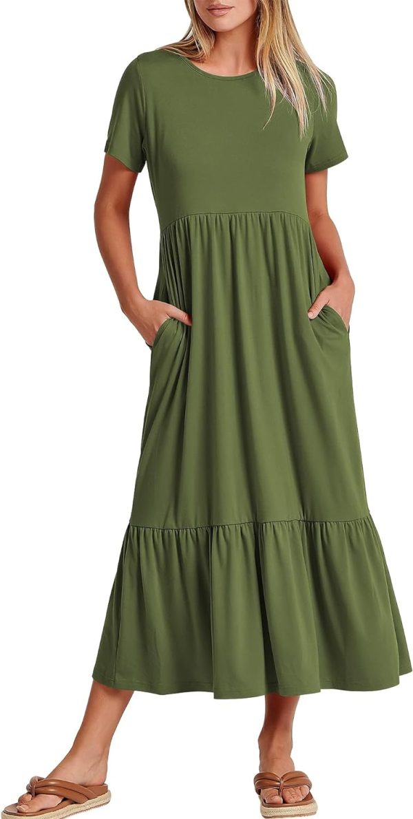 Women's Summer Casual Short Sleeve Crewneck Swing Dress Flowy Tiered Maxi Beach Dress with Pockets