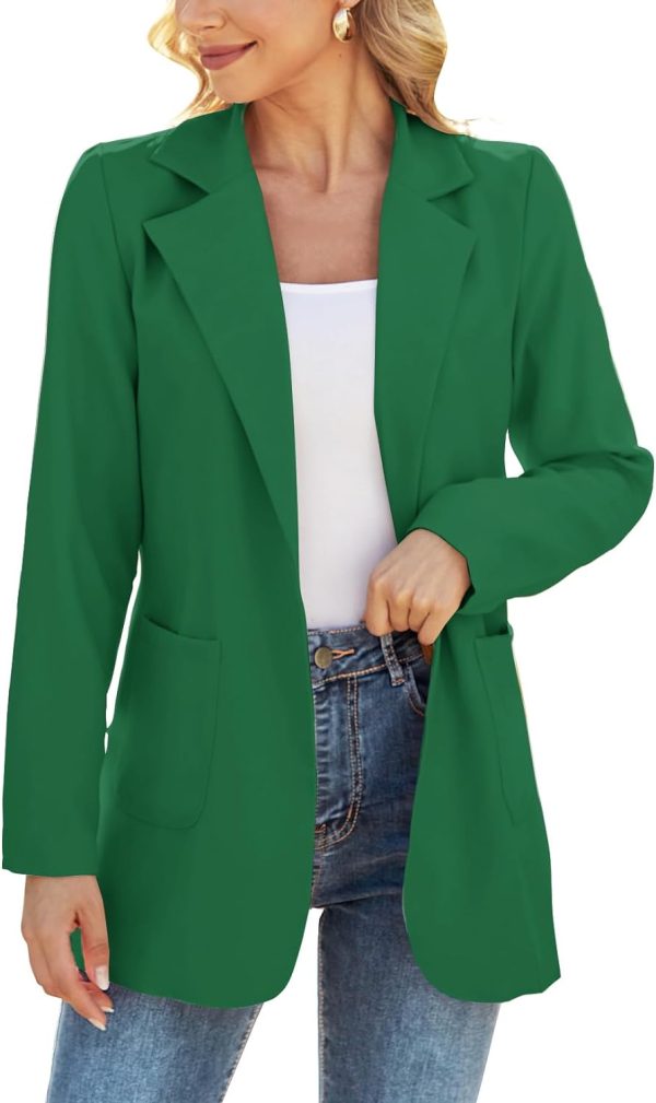 Women Open Front Blazers Long Sleeve Casual OL Office Slim Buttonless Suit Jacket with Pockets