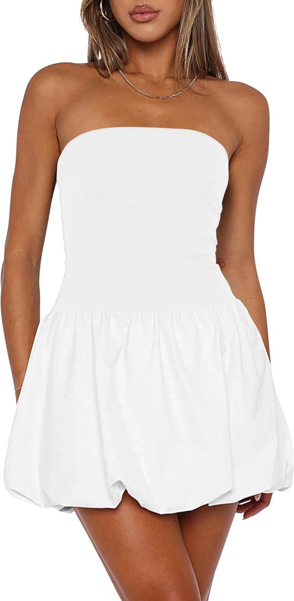 Women Strapless Tube Top Dress Bubble Skirt Cute Summer Mini Short Dresses Bandeau Corset Dress Casual