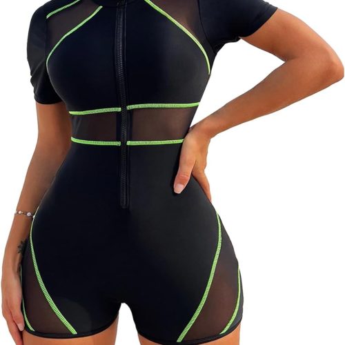 616wscxfapL._AC_SL1500 Women's Colorblock Mesh Zipper Diving Suit One Piece Swimsuit Short Sleeve Bathing Suit