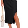 Midi Pencil Basic Skirt Casual Solid Split Side Stretchy Ribbed Knit Bodycon Mid Length Skirts for Women