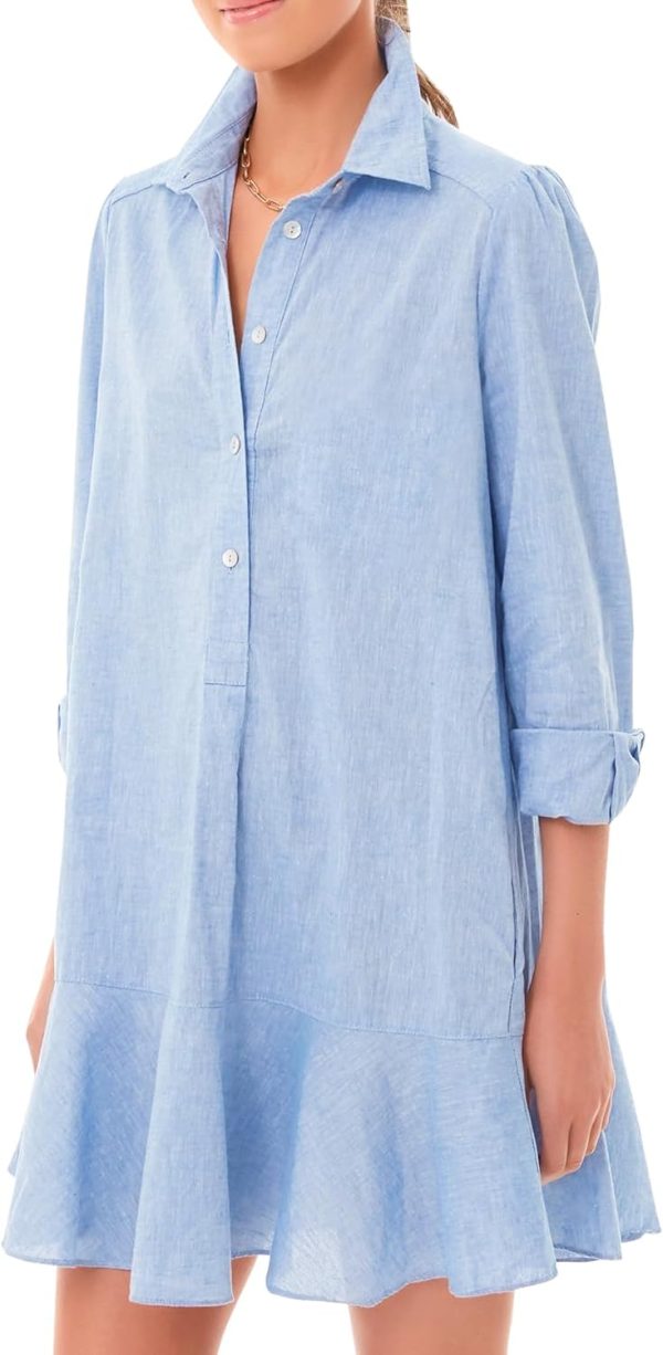 617Nr5DX4IL._AC_SL1500 Women's Tunic Mini Shirt Dress Cotton Long Sleeve Ruffle Hem Dress Button Up Shift Chambray Dresses