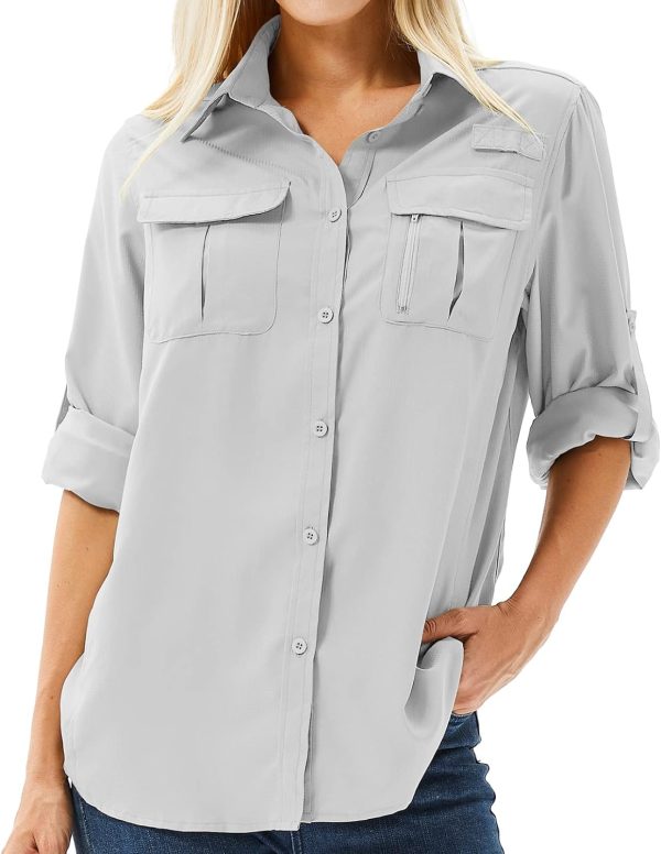 Women's UPF 50+ Long Sleeve UV Sun Protection Safari Shirt, Quick Dry SPF Hiking Fishing Breathable Shirts