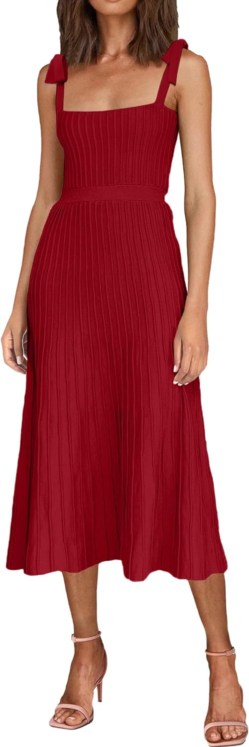 Women's 2024 Summer Maxi Dresses Tie Spaghetti Strap Square Neck Ribbed Knit Dress