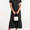 Women's Summer Casual Short Sleeve Crewneck Swing Dress Flowy Tiered Maxi Beach Dress with Pockets
