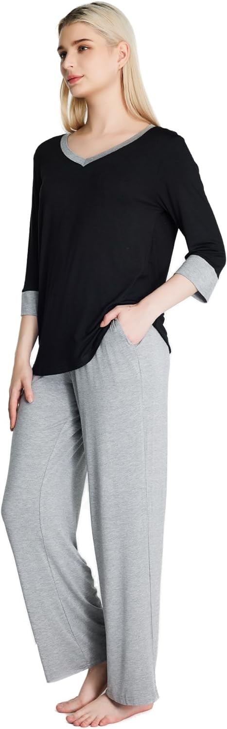 61DcQ6BGI8L._AC_SL1500 Loungewear Set pajamas Womens sleepwear Bamboo Viscose Capri Sleeve t shirt Long Pants Super Soft Novelty Pjs Set