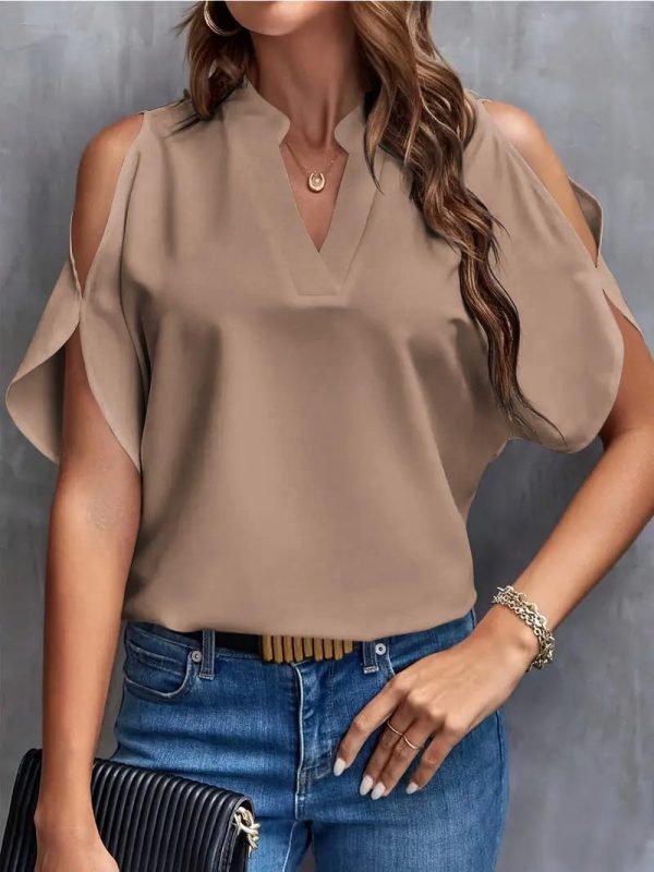 61E1Qk-kQkL._AC_SL1067 Women's Cold Shoulder Tops Summer Fashion Short Sleeve V Neck Casual Loose Solid Color Blouse Shirts