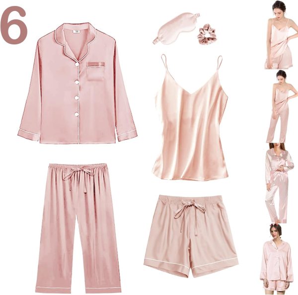61EpMwdIeJL._AC_SL1500 6Pcs Womens Silk Satin Pajama Sets Pj Sets Long Pjs Set Pajamas Sleepwear Camisole Sexy Cami