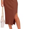 Midi Pencil Basic Skirt Casual Solid Split Side Stretchy Ribbed Knit Bodycon Mid Length Skirts for Women